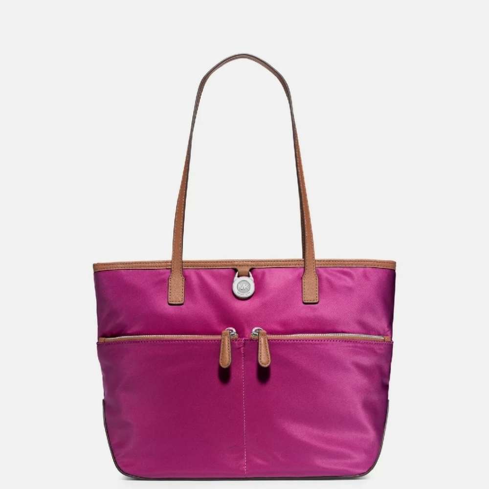 🥳HP🥳Michael Kors Pink Nylon With Brown Leather Handles and Trim NWOT Tote Bag - Picture 10 of 12